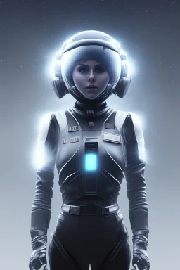 Black intergalactic pilot AnnaSophia Robb, portrait, bright white eyes, wearing high tech pilot helmet, beautiful face, white smoke, dark, rage, sorrow, high definition, ultra 8 k, volumetric lighting, blue fire, fog