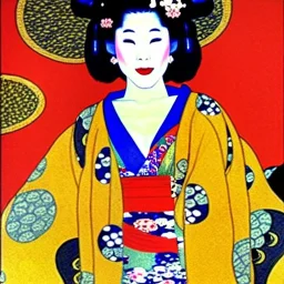 Retrato de cuerpo entero una Geisha Bella voluptuosa con kimono con el estilo de Gustav Klimt