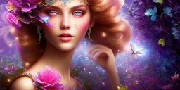 bright fairy, beautiful portrait, flowery landscape