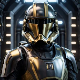 star wars bald male corellian pilot wearing pearlescent black and gunmetal grey First Order special forces heavy assault armor and helmet with gold trim inside the jedi temple, centered portrait, hyperdetailed, dynamic lighting, hyperdetailed background, 8k resolution, volumetric lighting, light skin, fully symmetric details