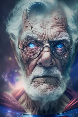 an old man with big gray eyes waring superman custom flaying in galaxy background