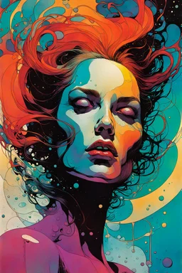 create a wildly abstract and chaotic illustration of an amorphous woman utilizing fluid shapes, in the comic book art style of Bill Sienkiewicz, Mike Mignola, and Jean Giraud Moebius, finely textured, drawn, colored, and inked