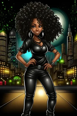 Create a digital airbrush cartoon of an African American female wearing a black jean outfit with timberland boots. Prominent make up with hazel eyes. She is wearing large diamond hoop earrings. Extremely highly detailed very long curly hair that shines. Background of a night club.