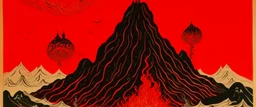 A red volcano with spewing lava and fire designed in Javanese shadow puppets painted by Guo Xi