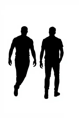 black silhouette of two men, one tall and muscular, the other shorter and thin, walking away from the camera on solid white background