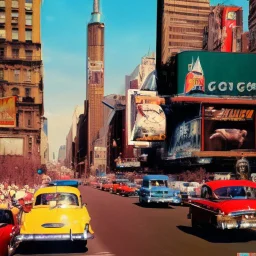 Picture 1950's street life, people, New York, blurry, abstractism, colours, strong texture, 3d, chaotic