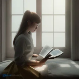 Study girl read a book in by the window, movie, real photo realistic, unreal engine, cinematic lighting --ar 1:1 creative