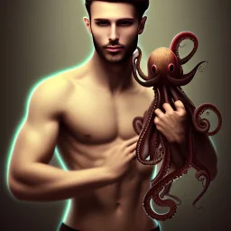 a masculine brunette gay austrian man with octopus plushie on head