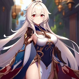 Clear focus,High resolution,High quality, White long hair with long bangs, red eyes, genshin warrior clothing style