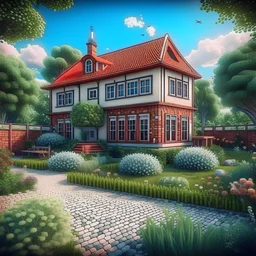 {panoramic, wide angle, a small villa with bricks, duplex house, nestled at the edge of a garden with apple trees, and aromatic herbs. Cinema 4d, matte painting, polished, beautiful, colorful, intricate, eldritch, ethereal, vibrant, surrealism, surrealism, vray, nvdia ray tracing, cryengine, magical, 4k, 8k, masterpiece, crystal, happy mood. Green. afternoon.