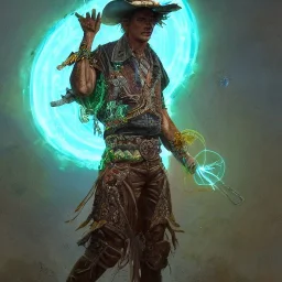 Insanely detailed photograph of an “ a midevil cowboy warrior "with worn Sombrero, handsome charo,cigar,glowing bluish green orb in outstretched hand, hyperdetailed painting by Ismail Inceoglu Huang Guangjian and Dan Witz CGSociety ZBrush Central fantasy art album cover art,8K, hdr, mysterious, flickeringlights ,Stoic