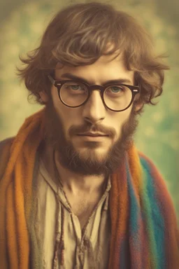 Hippie bohemian young man with Parisian bohemian look and glasses of colours and poor and short short short and poor hair on the head with receding hairline. Farsightedness glasses with big eyes. Long beard. Vintage look and feel like photo styleof the 70s