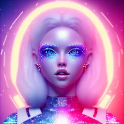 Smiling happy galactic girl, glitter blue and white dress with jewels, blond hair, blue eyes, pink glossy lips, cinematic lights, HQ, 4k, high details