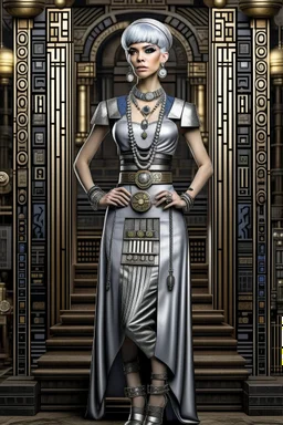 Creation: full body and headshot of a skinny Cleopatra, with a silver bob hairstyle, standing in a steampunk setting.