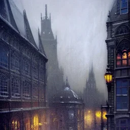 View from a snow rain rooftops of corner gothic Buildings, Central station, Piccadilly, Uphill roads, elevated trains, Gothic Metropolis , Neogothic architecture, Metropolis Fritz Lang by Jeremy mann, John atkinson Grimshaw, "Gothic architecture, London, edimburgh, Chicago Prague by Jeremy mann"