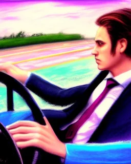 Man in suit, sitting at the wheel of his car, looking exhausted, tie untied, chin thinning , mystical, fantasy, cinematic, romanticism, pastel colors, acrylic painting, detailed, soft focus,