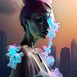 smoke plume, smog, city scape with pollution, woman, double exposure photography, colourful nature, clean sharp focus, on white background, Fractal Geometry buildings, sacred geometry