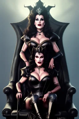 painting of lisa ann as evil queen in black leather, sitting on a throne, leather, angry, stern look, volumetric lighting, particales,highly detailed,cinematic, deep colours,8, highly detailed, digital painting, artstation, concept art, smooth, sharp focus,