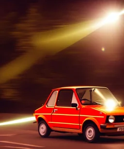 fiat 126p, city. high speed. bokeh. lens flare. warm lights. high detailed