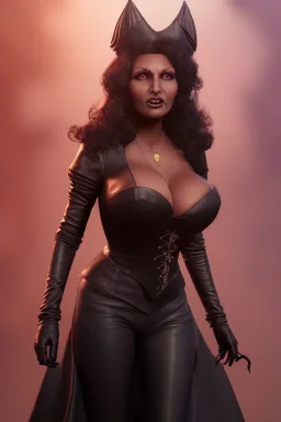 Pam Grier as evil queen in black leather, leather, busty, cleavage, angry, stern look. character design by cory loftis, fenghua zhong, ryohei hase, ismail inceoglu and ruan jia. unreal engine 5, artistic lighting, highly detailed, photorealistic, fantasy