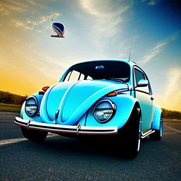 blimp vw-beetle hybrid, retrofuturistic, phototrealism, in flight, one subject,