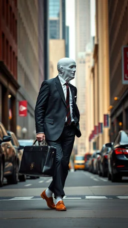 A man with suite carrying a business bag walking in the new York street , his head is a covered with white socks