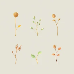 concept art of six low poly stylized alien dry single leaf plant on a neutral background. Strange fictional extraterrestrial flora with unusual shapes