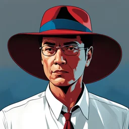 Gustavo Petro, comic style artwork, dark red, black and blue, wearing a wide-brimmed hat, wearing a white shirt, serious and thoughtful,