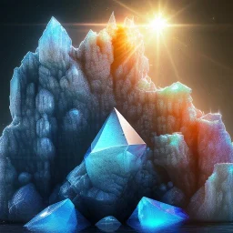 photograph of a (one massive colorful crystal:1.2) growing out of the rocky mountain, (focus on crystal:1.2), 4k, 8k, (highly detailed), ((landscape)),(translucent crystal:1.1), light going trough the crystal, bokeh, chromatic aberration, mountain view,