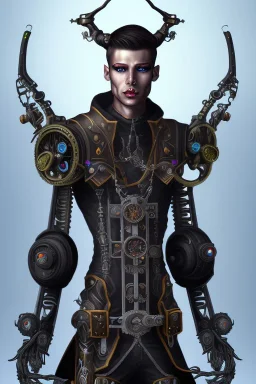 male quadriplegic evil black elf wearing a steampunk exoskeleton powered by gears, in fantasy style