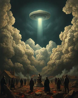 Bosch painting style, nightmare , people in hell , dramatic, great quality picture with cinematic scenes , show a UFO among the heavy clouds in the background