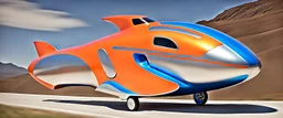 award winning car and driver photograph of a futuristic station wagon dirigible hybrid designed by only one vehicle per image painted metallic orange traveling at a high rate of speed, jet intake off of front center of vehicle and jet exhaust out the rear with bright blue flame, bilaterally symetrical, more a high speed road vehicle