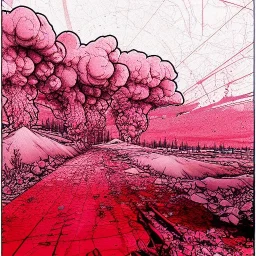  line Art coloured, destroyed, post apocalyptic, darkred tones,