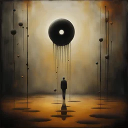 creative surreal horror composition in style of John Jude Palencar and Ben Goossens, divorced from reality, dark shines, surreal oil painting masterpiece, sinister weird, warm colors, abstract braille glyph vertical textures, by Victor Pasmore