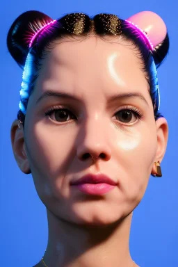 Ultra Realistic image, Rosalía artist, 40 years old, portrait, normal complexion, natural small busty, traditional little tattoo, two bows, little chopsticks hair ,black eye long liner, latex t-shirt and inflatable coat, gold pink and blue style, spray line glow make up, geometric led jewelry, fog, hot, inflatable style latex coat, vibrant color, highly detailed, art stations, concept art, smooth, unreal engine 5, god rays, ray tracing, RTX, lumen lighting, ultra detail, volumetric lighting.