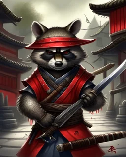 raccoon as a samurai, realistic, 2 katanas, city, red straw Hat