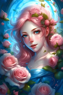 bright fairy, rose hair, etheric, blue eyes, roses, princess