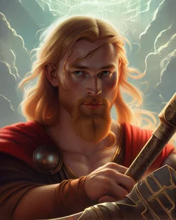 Portrait of young God Thor holding a Strong hammer Powerful Staff by Alex Ross, Disney, CGSociety, Carne Griffiths, Leonardo DaVinci, James Christensen character design, digital illustration, detailed sky background, Norman Rockwell, 32k resolution, Lou Xaz, cinema 4d