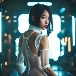 Mysterious youthful Filipino female cyberpunk spy, white fishnet, white fishnet sleeves, white bodysuit, cyberpunk style, video game character