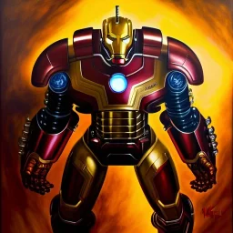 fullbody portrait in oil on canvas of Ultron Villain with Big Golden Hulkbuster armor, intense stare, masterpiece, realistic, intricate detail, sci-fi fantasy style, volumetric lighting, particles, highly detailed ,cinematic , deep colours, 8k, by Kaare Andrew and Robert E Howard and Ken Kelly