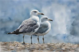 watercolor painting of seagulls in sand, pen line sketch and watercolor painting ,Inspired by the works of Daniel F. Gerhartz, with a fine art aesthetic and a highly detailed, realistic style