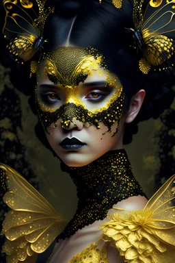 Black baroque light yellow gradient butterfly and bees dress ona beautiful young black haired woman portrait, baroque style, garden background golden organic bio spinal ribbed detail of botanical dress ad half baroque face masque, golden dust glittering glam colourful makeup on the face extremly textured hyperrealistic maximálist ornate conceptart