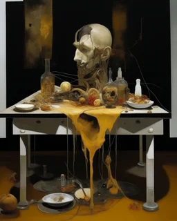 human body, universe-like table,complex surgical instruments mixed with human body-like musical instruments,minimalism,Painting By Adrian Ghenie, Rene Magritte, Salvador Dali, Lucian Freud