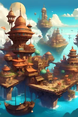 Vibrant Fantasy city, maritime, connect ships and floating platforms
