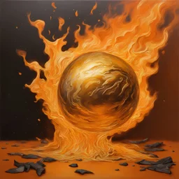 Hyper Realistic Golden-oil-paint on orange-background with burning-embers on it