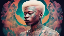 albino man with tattoo in the style of afrofuturism, wealthy portraiture, colorful, kimoicore, harlem renaissance, atmospheric, vibrant color washes