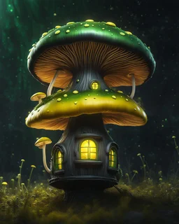 A solitary floating mushroom house on a clear night. silver and green and yellow, Dark cosmic interstellar. Detailed Matte Painting, deep color, fantastical, intricate detail, splash screen, hyperdetailed, insane depth, concept art, 8k resolution, trending on Artstation, Unreal Engine 5, color depth, backlit, splash art, dramatic, High Quality Whimsical Fun Imaginative Bubbly, perfect composition