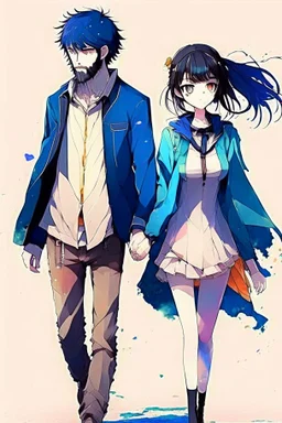 anime couple, walking , colorful, man with salt and pepper beard and woman with dark hair and blue eyes