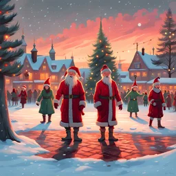 Santa Claus and his elves dancing on a square in Stockholm with Hundreds of People from Sweden in traditional folk costumes, Snowy weather, The town Stockholm in background, Christmas spruce trees with glowing swastikas hanging, Sunset view of the park Skansen, Simon Stålenhag paint style, decapitated heads on ground with blood