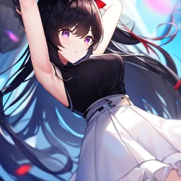 Clear focus,High resolution,High quality,Black sleeveless shirt, White Jacket that is falling off, Red ribbon in the back, Wearing a white skirt, Black gloves, Black long hair, Purple eyes